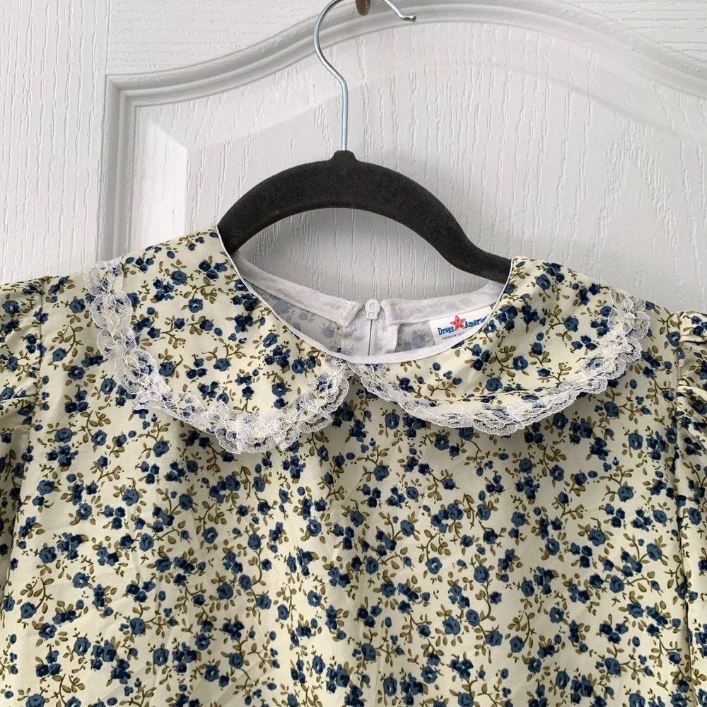 Dress Up America Girls Floral Prairie Dress Blue Cream Pioneer Costume Size 8-10